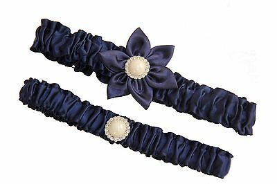 Royal Blue Wedding Garter Set Flowers Pearl Rhinestone Elastic Fits Most Sizes