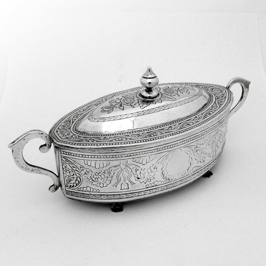 Engraved Floral Footed Box Cast Handles Southeast Asian Silver 1900