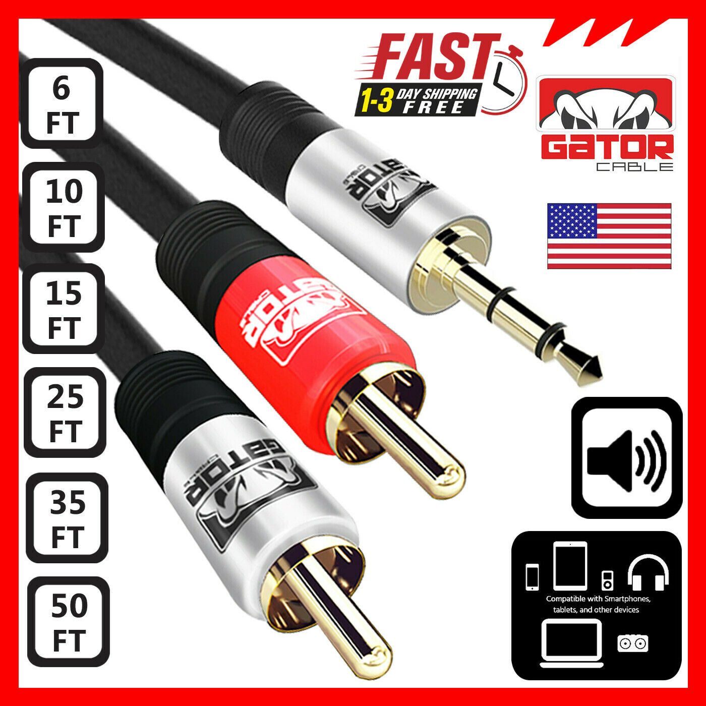 Aux Auxiliary 3.5mm Audio Male To 2 Rca Y Male Stereo Cable Cord Wire Plug