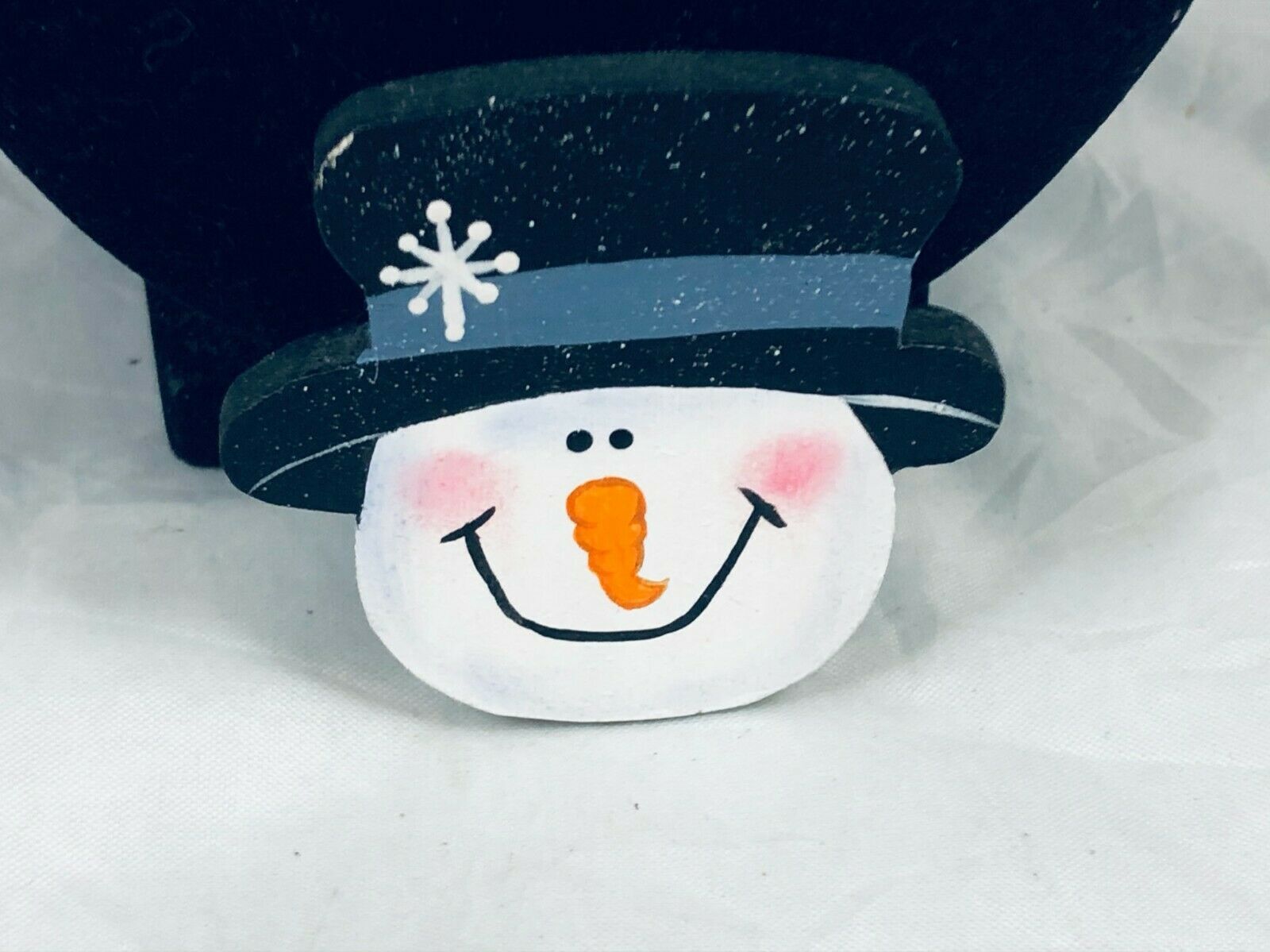 Artisan Painted Wooden Snowman Wearing Top Hat Snowflake Brooch