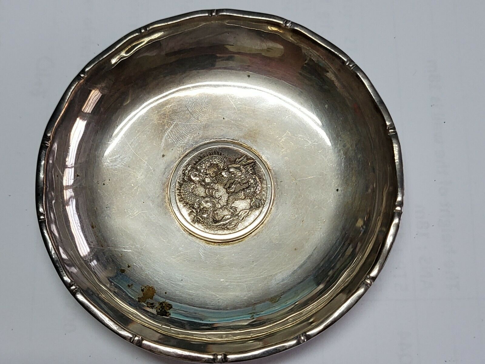 👍 1900s China Chinese Solid Silver Dragon Medallion Dish Plate With Hallmark