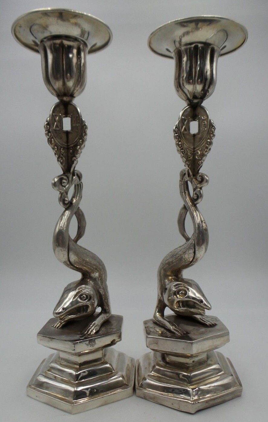 Pair Of Incredible Antique 19th Century Chinese Export Silver Candle Holders