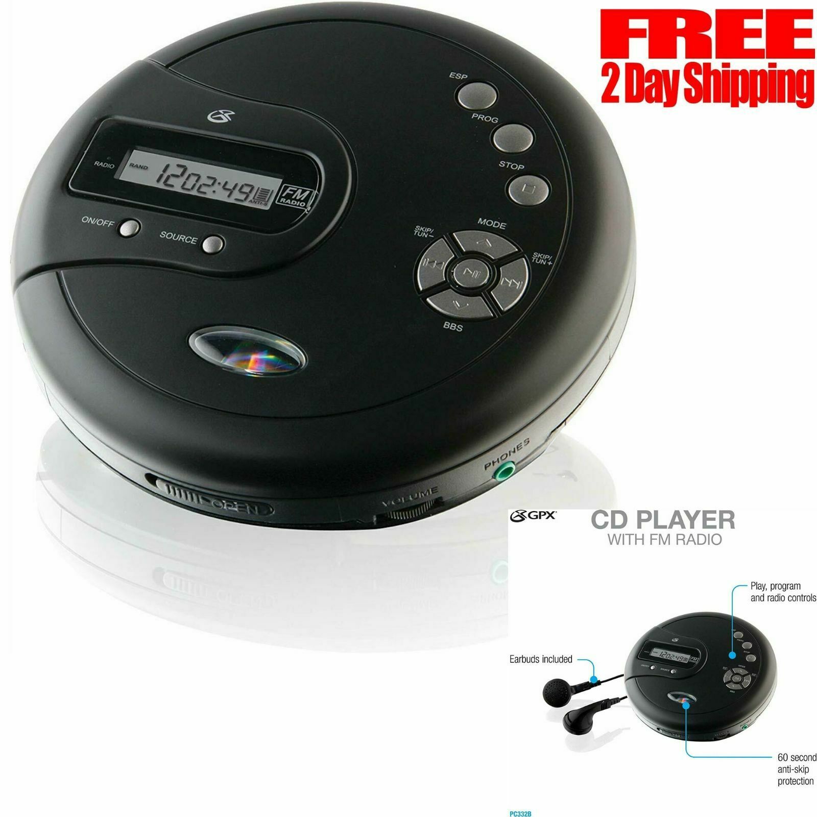 Cd Disk Player Portable With Bass Boost Anti-skip Protection Fm Radio Earbuds