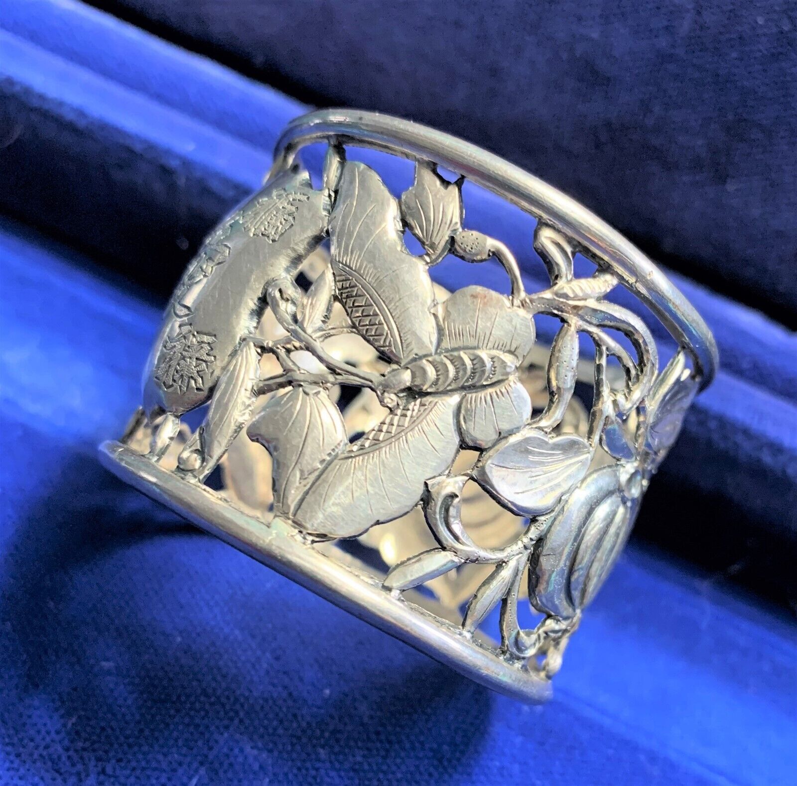 Antique Chinese Export Silver Butterfly Love Longevity Pierced Napkin Ring