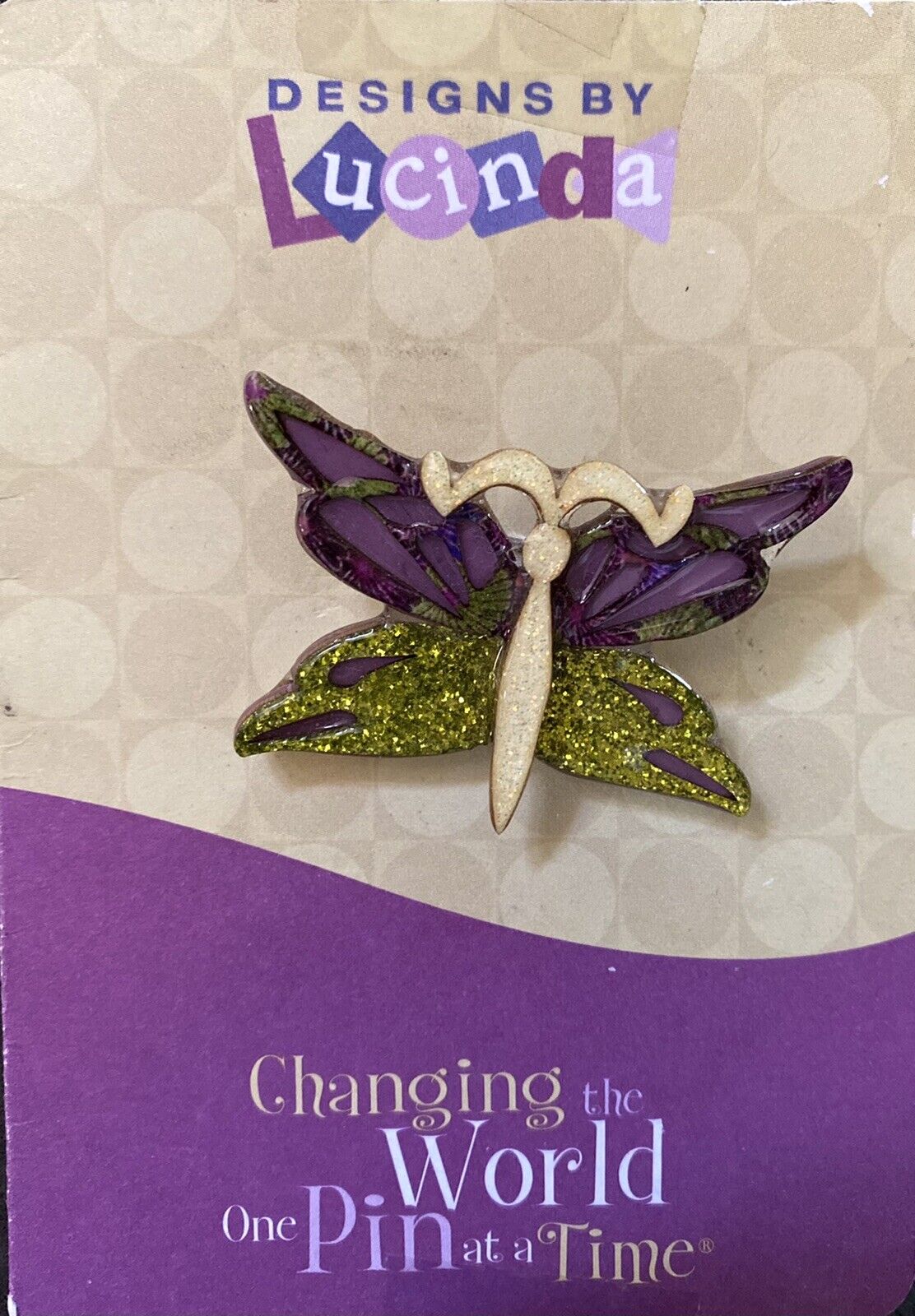 Designs By Lucinda Butterfly Pin On Card Purple/green Glitter Vintage